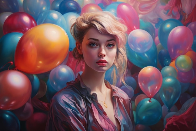 A woman with a pink shirt and blue balloons