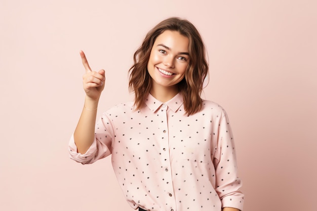 A woman with a pink shirt and a button up shirt points to the right