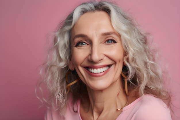 A woman with a pink shirt and silver hair smiles for the camera.