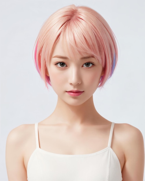 A woman with a pink short haircut and a white tank top