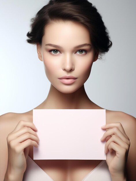 Photo a woman with a pink square in her hair is holding a white square