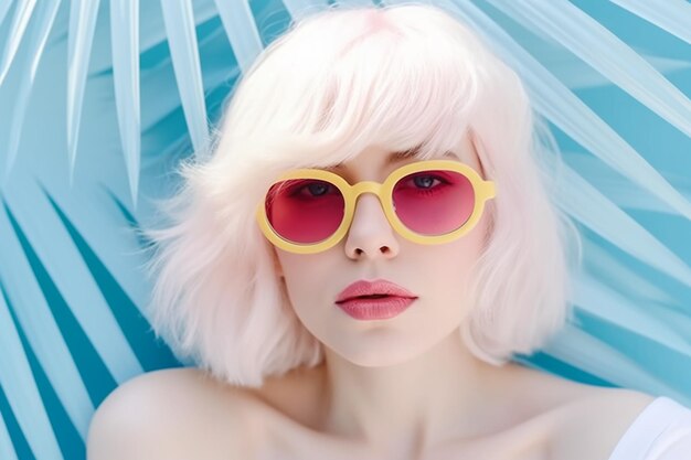 A woman with a pink sunglasses on and a blue background
