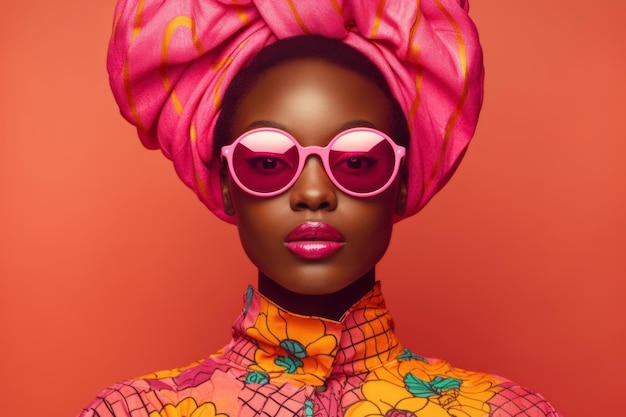 A woman with pink sunglasses and a bright orange shirt