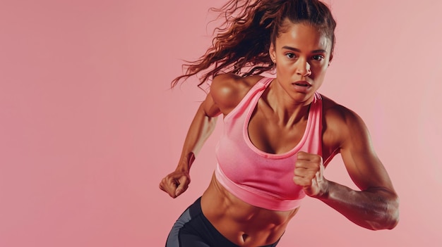 a woman with a pink tank top running in front of a pink background