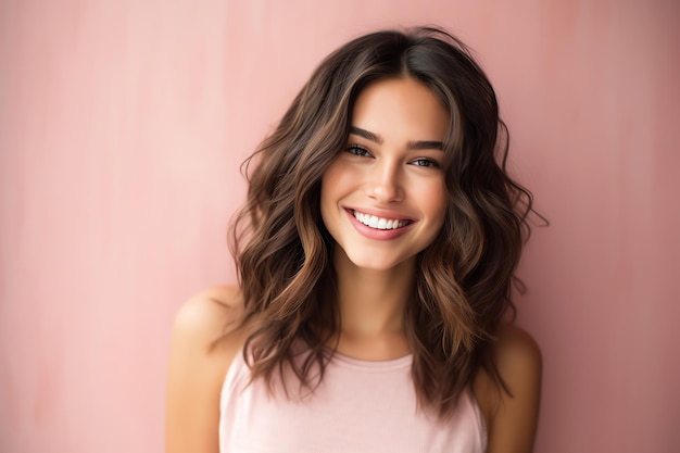 A woman with a pink tank top smiles at the camera