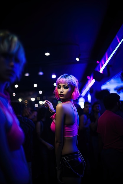 a woman with a pink top is standing in a dark room.