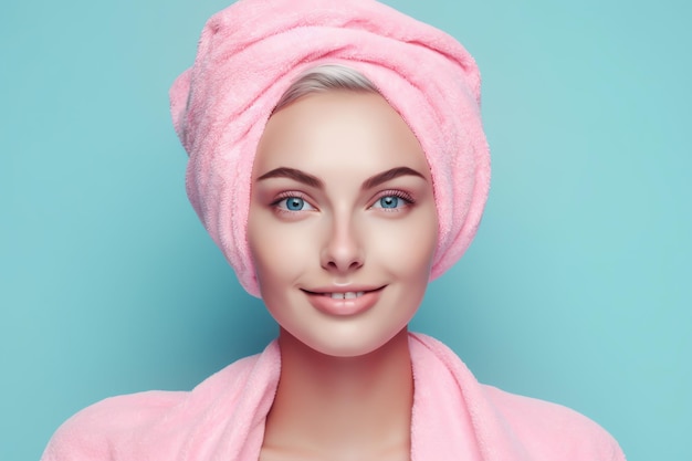 A woman with a pink towel on her head and a pink towel on her head
