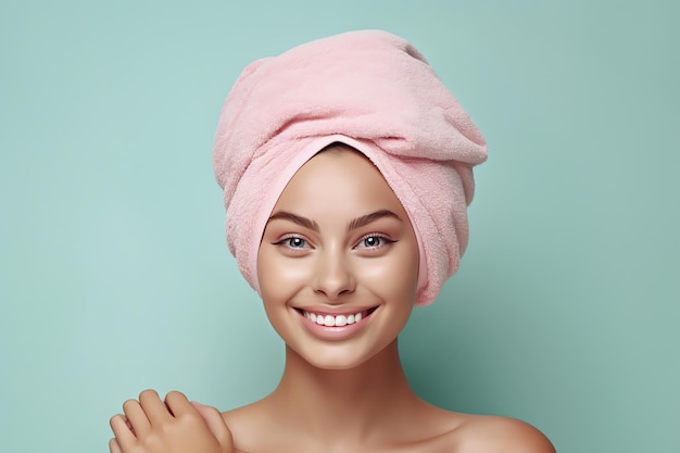 A woman with a pink towel on her head