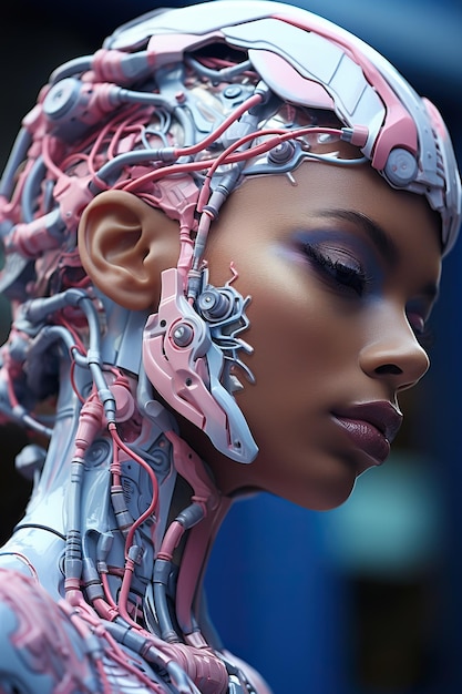 a woman with pink and white metal head