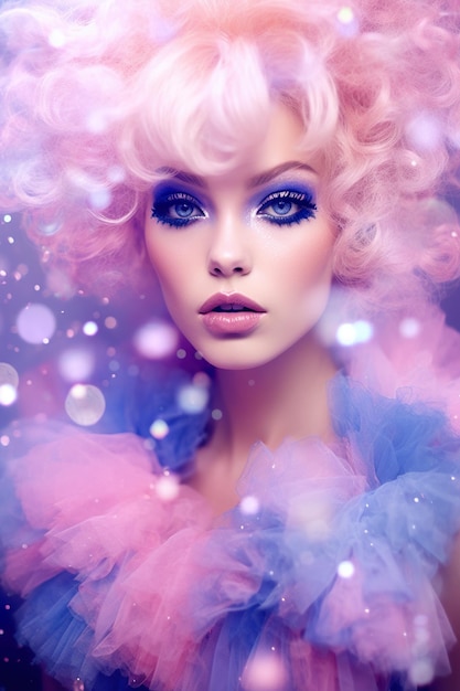 A woman with a pink wig and blue eyes generative ai image