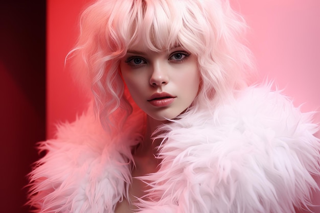 a woman with a pink wig and white fur coat