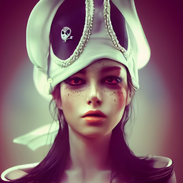 A woman with a pirate hat and a skull on her head.