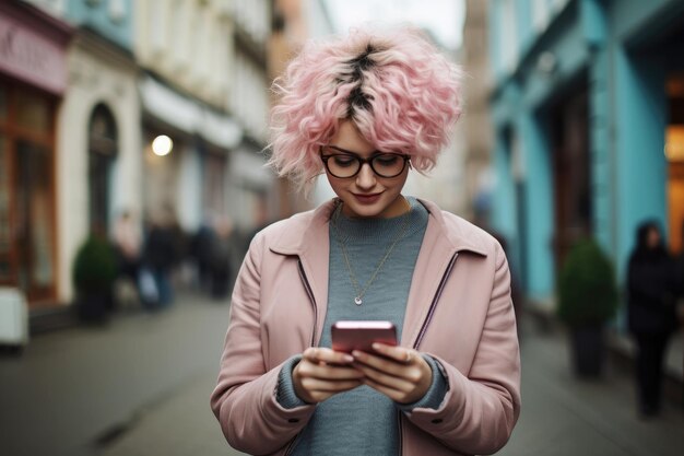 Photo woman with pixie hair using smartphone ai generated