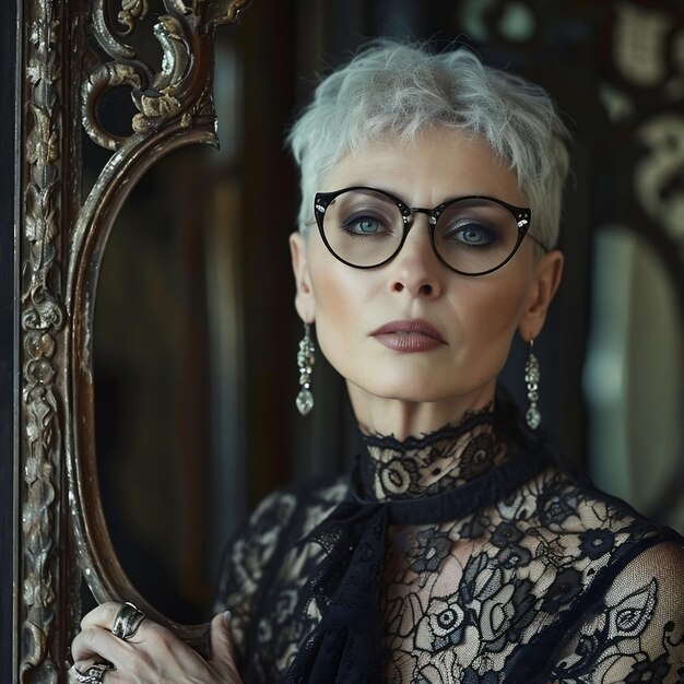 Photo woman with pixiecut gray hair stylish glasses and a black lace dress stands by a vintage frame her gaze intense the image suggests timeless elegance fitting for luxury branding