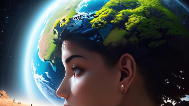 A woman with the planet earth on her head