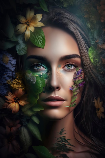 Woman with plantsand flowers in her face AI Generated