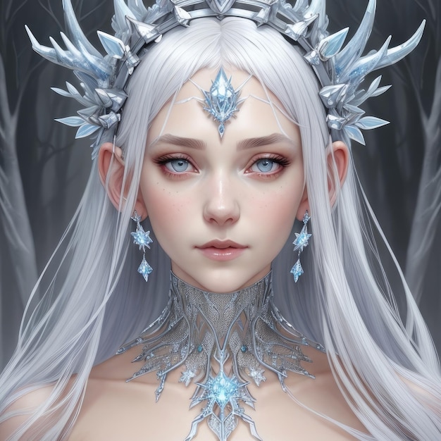Woman with platinum hair in a dress of ice flow