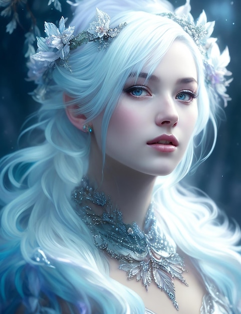 写真 氷の花のドレスを着たプラチナのの女性彼女の頭の上に美しい冠