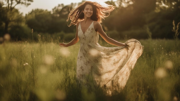 A woman with a playful smile wearing a flowy dress surrounded by wildflowers Generative AI image