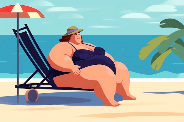 水着と帽子をかぶったふくよかな体型の女性が南国のビーチに座ってくつろいでいます。