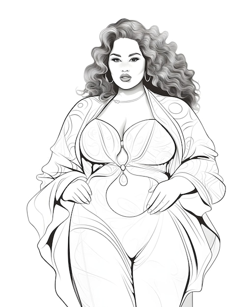 A woman with a plussize figure coloring page for adults white background clean line art fin line