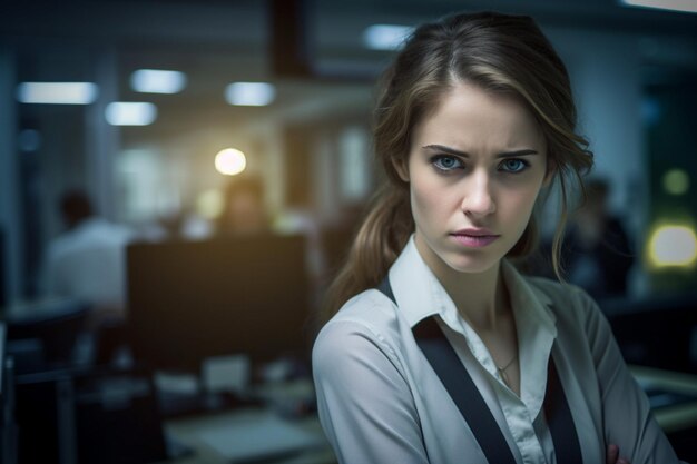 a woman with a pony tail is sitting in a room with a sign that says " no ".