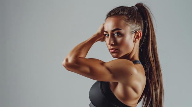 Photo a woman with a ponytail and a black bra on her back