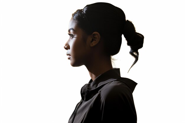 a woman with a ponytail in a black shirt