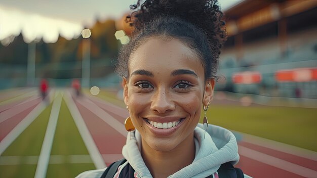 Photo a woman with a ponytail is smiling and wearing a hoodie