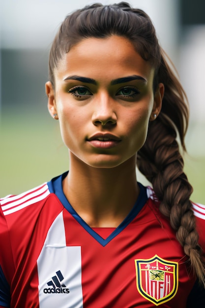 a woman with a ponytail in a red and white shirt