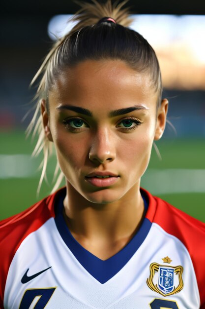 a woman with a ponytail in a soccer uniform