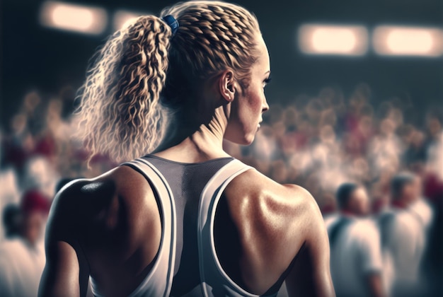 A woman with a ponytail stands in front of a crowd.