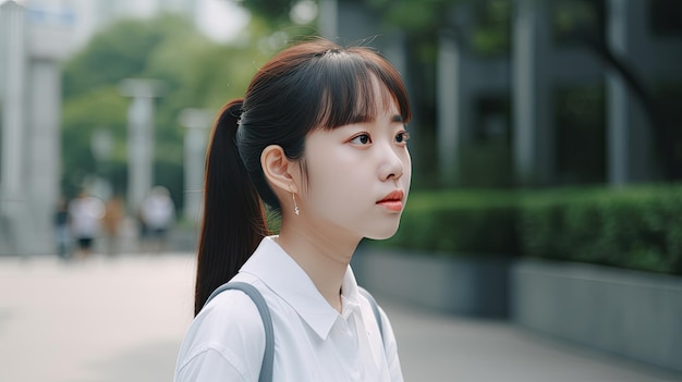 A woman with ponytail wearing white shirt