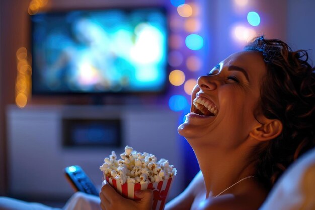 Woman with popcorn watching tv in dimly lit room