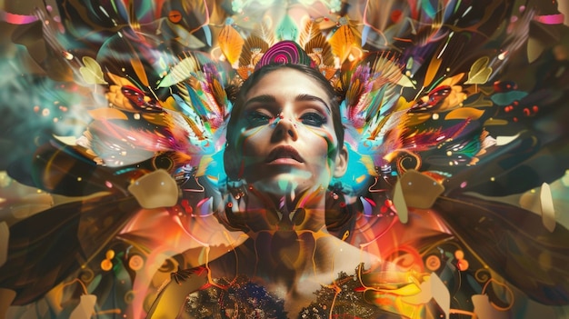 A woman with a powerful presence is surrounded by a kaleidoscope of abstract shapes and colors her