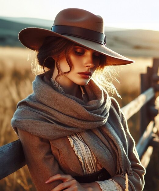 Woman with prairie hat and scarf leaning on fence exudes serenity