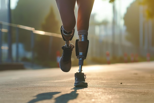 Photo a woman with a prosthetic leg and knee braces runs down a path