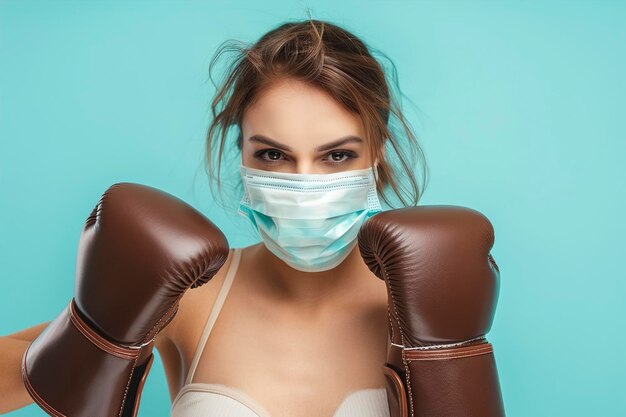 Foto donna con maschera protettiva e guanti da boxe