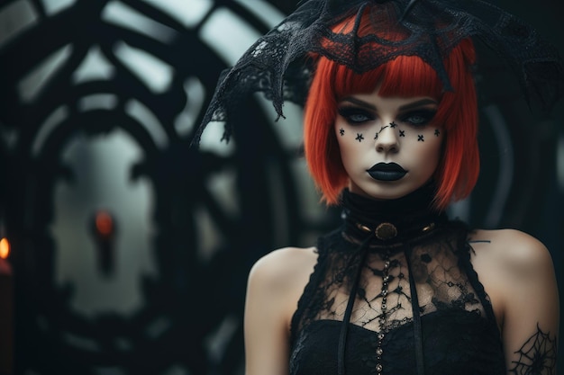 Woman with pumpkins and candle holders in background outfit with black make up