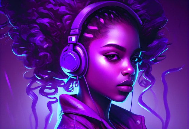 A woman with a purple background and a pair of headphones