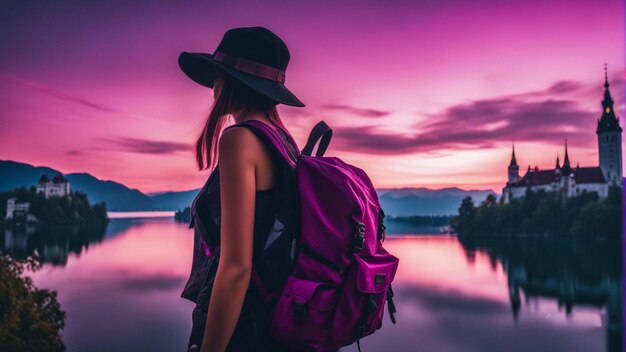 a woman with a purple backpack is standing in front of a lake with mountains in the background.