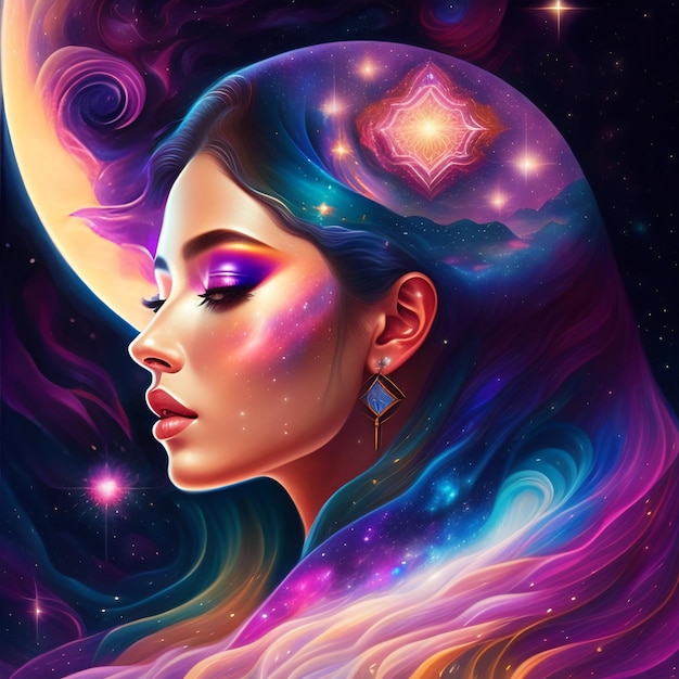 Una donna dai capelli viola e blu e una luna sullo sfondo