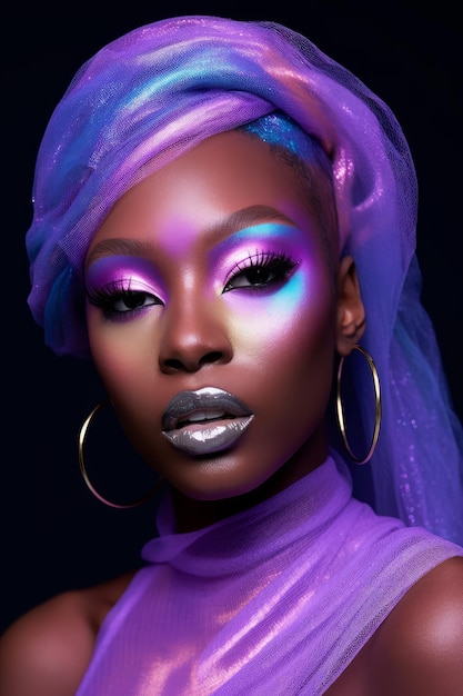 A woman with a purple and blue makeup and a purple headband