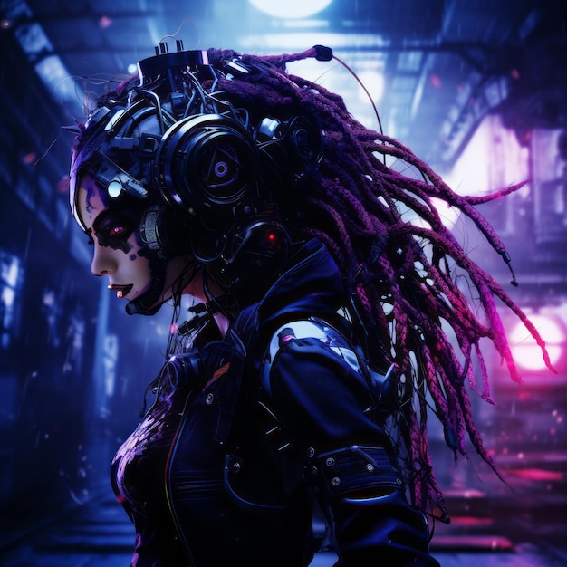 a woman with purple dreads and a cyberpunk look