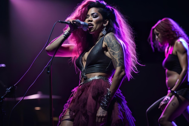 Photo a woman with a purple dress is singing on a stage with a microphone.