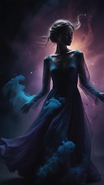 a woman with a purple dress and a purple dress is standing in front of a purple sky with stars