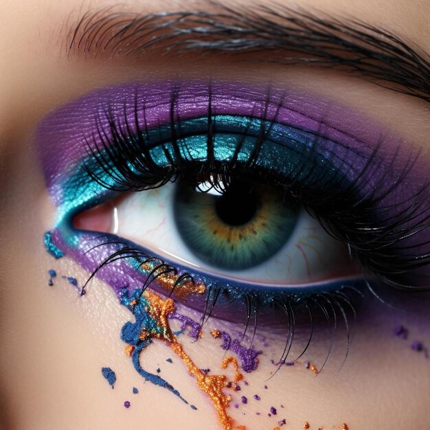 紫の目と緑の目に「」という文字が描かれた女性。