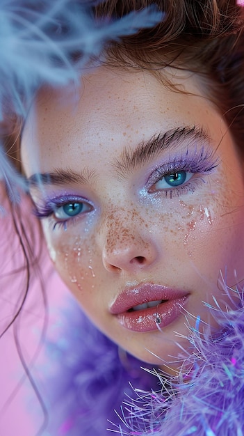 a woman with purple eyes and pink makeup is posing with a purple flower