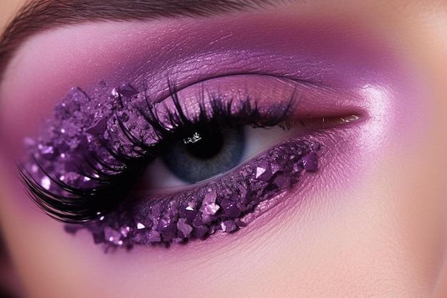 a woman with purple eyes and a purple eye with glitter on the eyes.