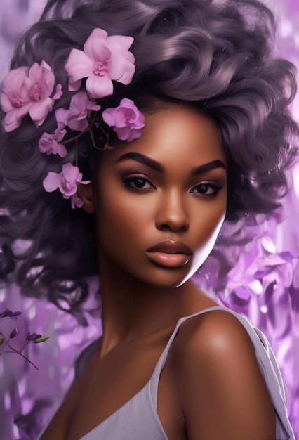 彼女の顔に紫色の花を持つ女性